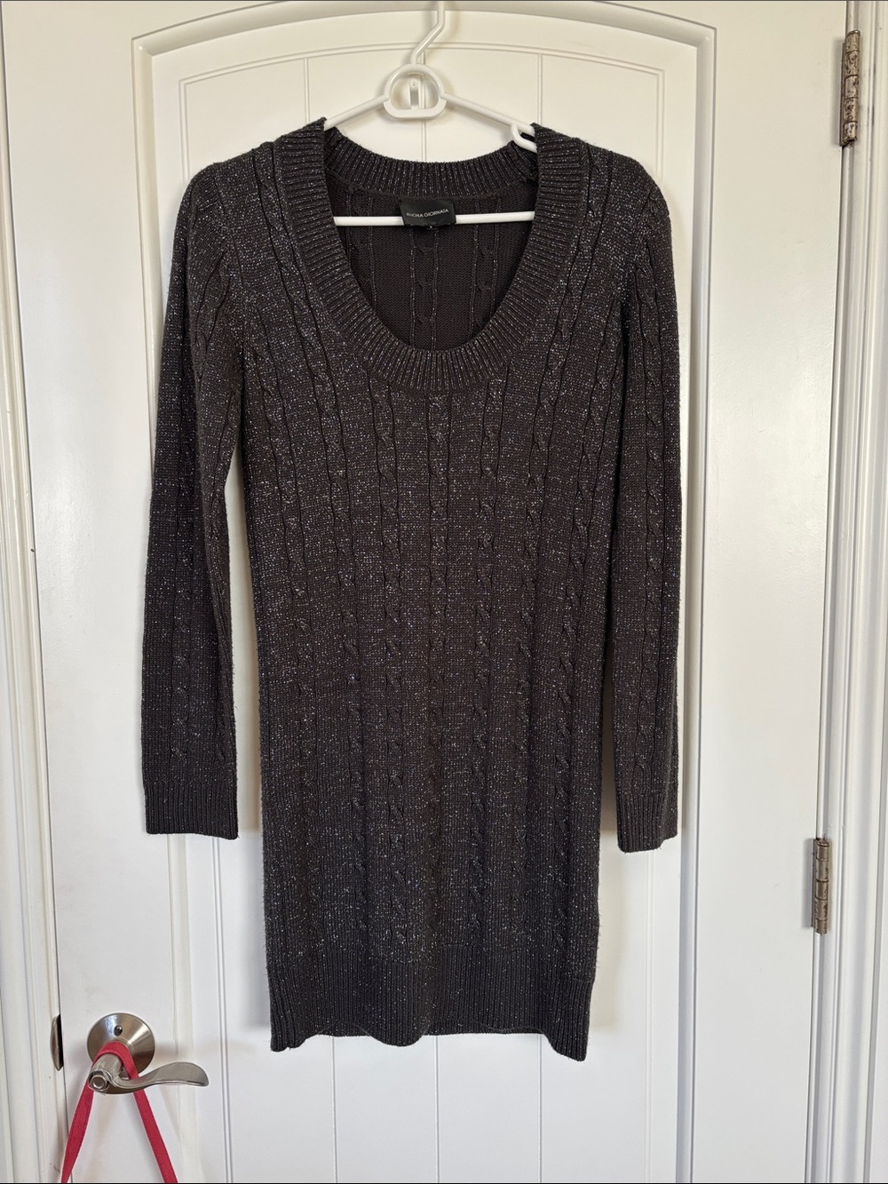 Long Sleeve Metallic Cable-Knit Dress - Black